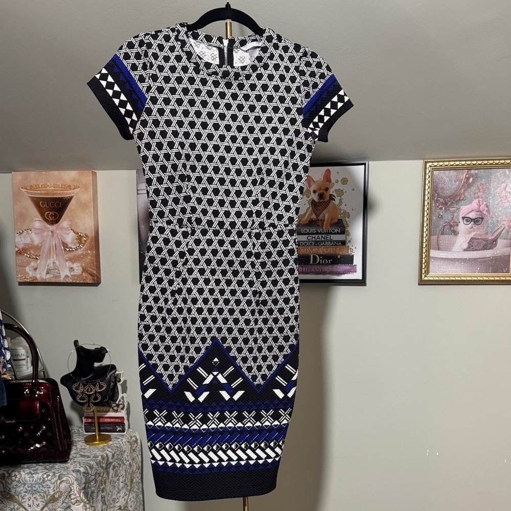 NWOT Geometric H&M Black and Blue Patterned Midi Dress Light Sparkle Body Con - Picture 2 of 13